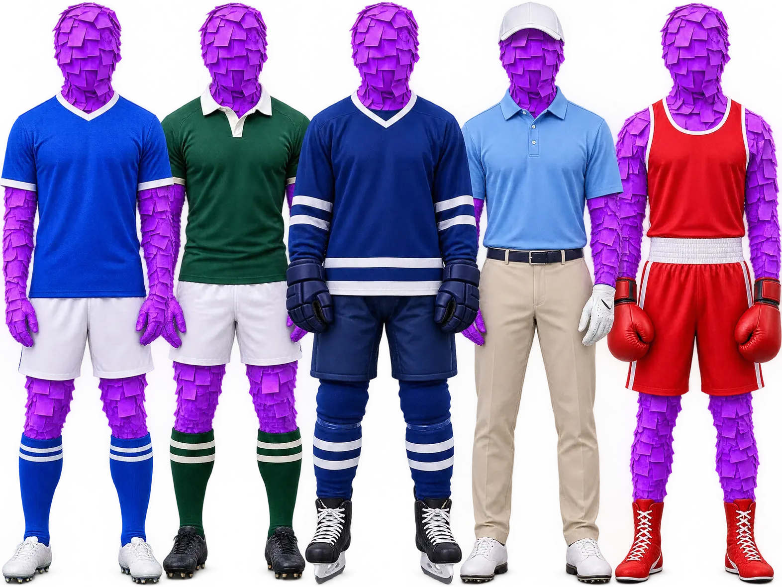 Five Purple Post-it men in football, rugby, ice hockey, golf and boxing kit
